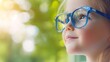 © F - Young child wearing blue glasses focusing on distant tree outside window, symbolizing myopia prevention and importance of outdoor activities