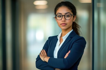 A confident young businesswoman stands in an office hallway, arms crossed and wearing glasses