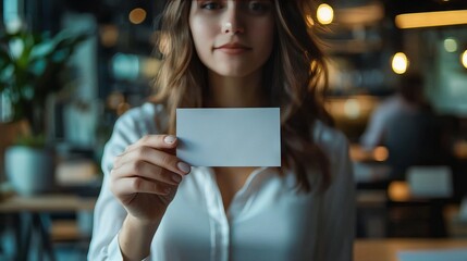 Businesswoman holding a blank business card in a modern office setting