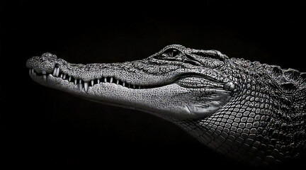 Wall Mural - An elegant black and white shot of crocodile in a dark setting