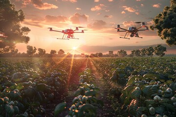 Aufkleber - Drones and robots equipped with AI technology monitor crops at a high-tech farm during a vibrant sunset in a sustainable setting. Generative AI