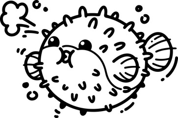 Wall Mural - cartoon puffer fish inflating itself, hand-drawn in line art style. vector illustration, isolated fo