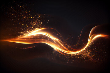 Abstract glowing wave of light and sparks creating a magical and dynamic energy flow on a dark background