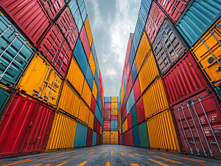 a collection of colorful, weathered shipping containers stacked on top of each other.