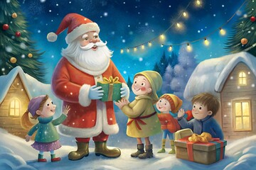 Wall Mural - Santa Claus gives gifts to children. Merry Christmas concept