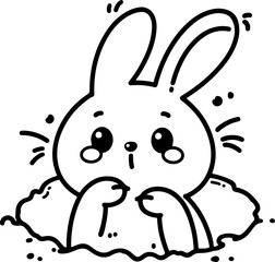 Wall Mural - cartoon rabbit peeking out of a burrow, hand-drawn in line art style. vector illustration, isolated 