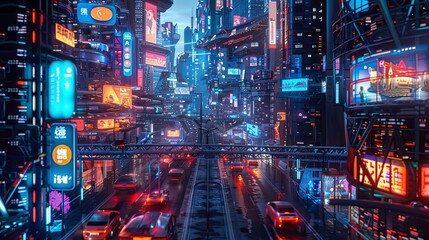 Aufkleber - The bustling street features self-driving cars, drones, and intelligent traffic lights illuminating a vibrant urban environment at night. Generative AI