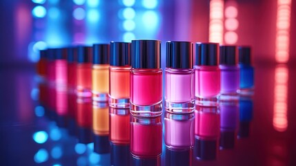 Wall Mural - A row of colorful nail polish bottles on a reflective surface with a blurred background of blue and red lights.