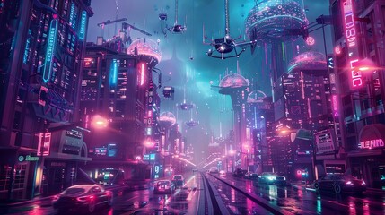 Leinwandbilder - Explore a dynamic city filled with self-driving vehicles, flying drones, and smart traffic systems glowing under neon lights at twilight. Generative AI