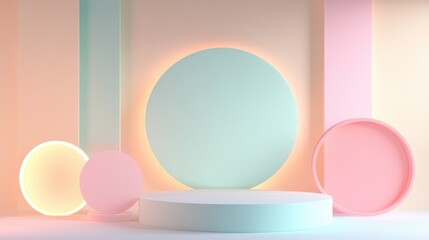 Canvas Print - 3D rendering of an abstract geometric backdrop featuring a minimalist mock up template an empty fashion showcase primitive shapes a circular niche and an art deco display in pastel neon hues