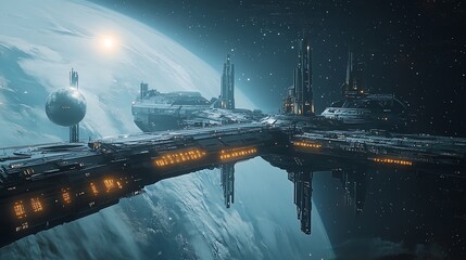 a massive, futuristic space station orbits a blue planet.
