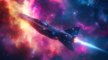 Wall Mural - a futuristic spaceship flies through a colorful nebula, leaving a bright blue trail behind it.