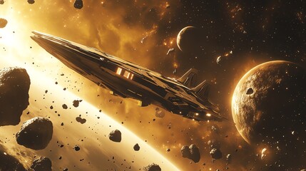 Wall Mural - A futuristic spaceship flies through an asteroid field with planets in the background.