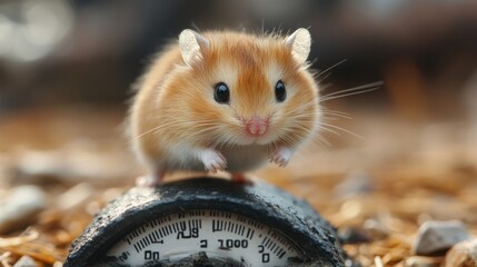 Wall Mural - A cute, golden hamster stands on a small scale, looking directly at the camera with big, curious eyes.
