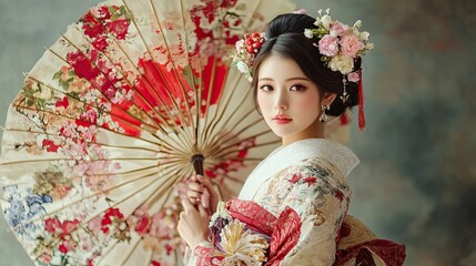 Elegant Japanese Bride in Studio with Traditional Parasol