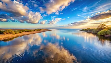 Tranquil coastal scenery with a serene river merging with the ocean under a vast sky