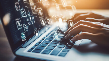 Hands typing on laptop with digital overlays