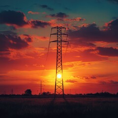 Wall Mural - A silhouette of an electricity pylon against a fiery sunset.