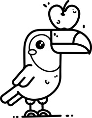 Wall Mural - cartoon toucan with an apple, hand-drawn in line art style. vector illustration, isolated and perfec