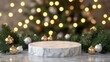 © Alena - Empty marble podium, winter designs mockup. Blank template of stone podium to place here xmas card, product. Christmas tree with garland lights festive background