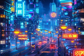Leinwandbilder - Technological advancements populate a bustling city at night, showcasing autonomous vehicles, bright neon lights, and smart traffic systems. Generative AI
