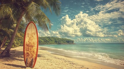 Vintage surfboard standing on tropical beach under palm trees with blue sky