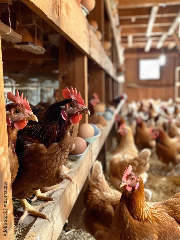 Chickens in a rustic farm coop standing near freshly laid eggs ...