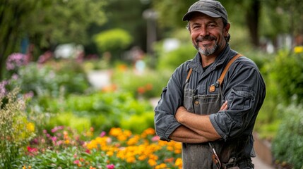 man wearing a hat and a jacket is smiling in front of a flower garden. garden is full of flowers. ci