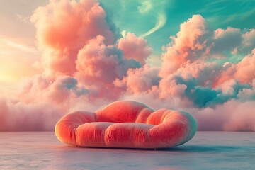 Wall Mural - A red couch is sitting on a beach with a cloudy sky in the background