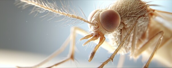 A close-up view of the mosquitos head and thorax, showcasing the detailed textures of its exoskeleton and the segmented antennae that detect environmental cues.