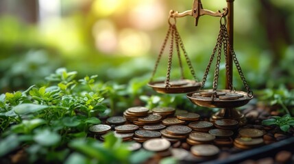 A balance scale overlaid on coins amidst greenery, symbolizing financial equity and nature.