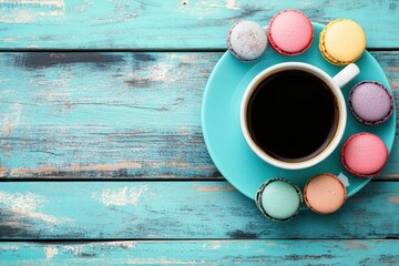 Morning coffee with colorful macarons on rustic blue table