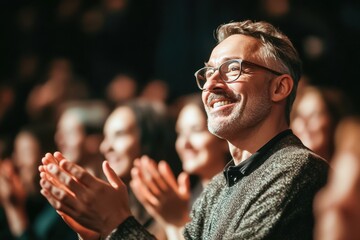 A man in a theater audience clapping enthusiastically, surrounded by others doing