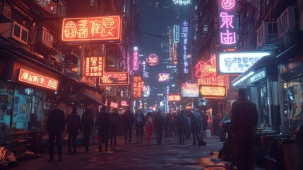 Wall Mural - a bustling cyberpunk street at night, crowded with people and lit by neon signs in chinese character