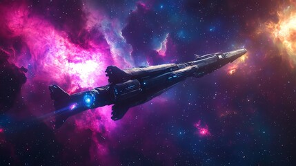 Wall Mural - A futuristic spaceship travels through a vibrant nebula, its engine glowing brightly.