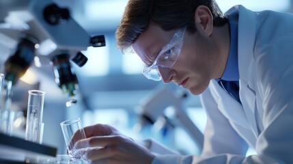 A scientist in a lab, examining a test tube under a microscope.