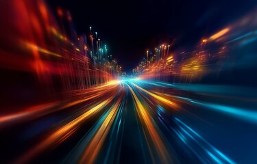 Abstract digital art depicting a fast-moving highway lit by colorful streaks of light.