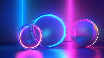 Wall Mural - neon lights illuminate a glass sphere and two neon rings in a dark, futuristic setting.