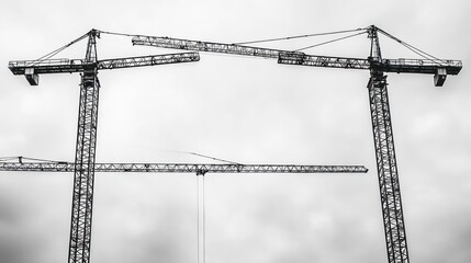 Three construction cranes in the sky create an abstract shape against a cloudy background.