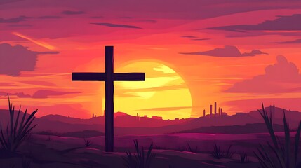 A wooden cross silhouetted against a fiery sunset sky