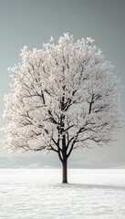 Winter's Embrace: Solitary snow-covered tree in serene winter landscape 