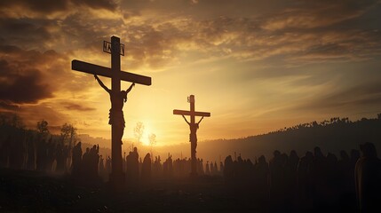 Silhouetted figures of Jesus Christ crucified on a cross with a crowd of people in the foreground during a golden sunset.