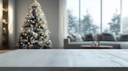 Bottom view to interior of living room, minimalist design in light gray tones with huge windows opening view of city. In corner there is decorated Christmas tree. Cozy winter holiday atmosphere.
