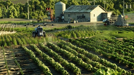 Aufkleber - Drones and robots utilize AI to monitor crops and enhance agricultural practices on a modern farm in daylight. Generative AI