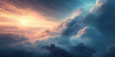 Wall Mural - mystical stairway rises through clouds, leading toward glowing horizon. soothing blend of blue and g