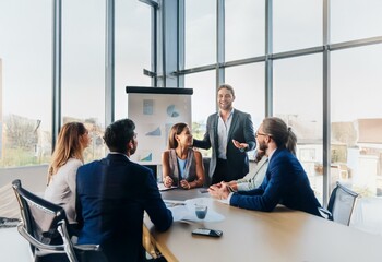 A group of professionals are gathered around a table in a modern office, listening intently as a colleague presents information.