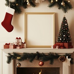 Wall Mural - Blank poster frame sits on shelf leaning against a plain wall, with Christmas gift boxes, holiday decor nearby. Empty square frame mockup, Winter designs template