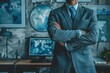 © Mutimul - A man in a suit stands in front of a desk with a computer monitor, generative ai image
