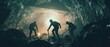 © harkamat - Three miners silhouette in a dark cavern working with picks