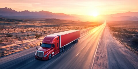 A striking scene of a red semi-truck driving down a long, open road through a desert landscape